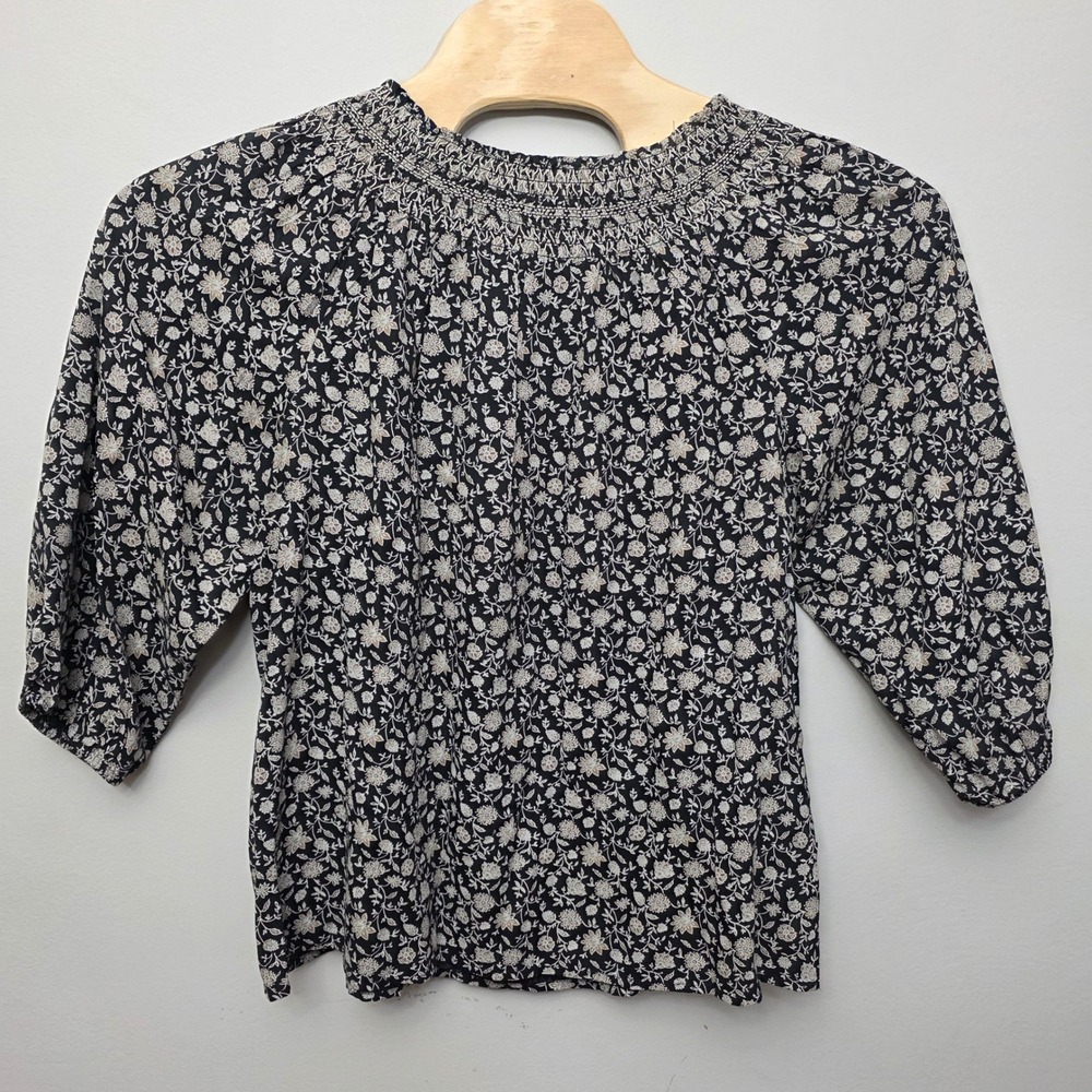 J. Jill Black Floral Smocked Embroidered Neck 3/4 Sleeve Viscose Blouse Large - Picture 7 of 9